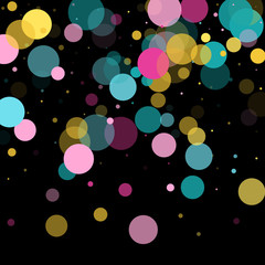 Memphis round confetti festive background in cyan blue, pink and yellow. Childish pattern vector.