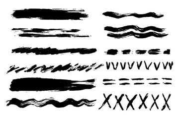 Vector set of ink pen brush strokes. Monochrome design elements. Different kinds of lines drawn by hand. Brushed elements.
