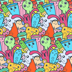 Funny doodle monsters seamless pattern for prints, designs and coloring books