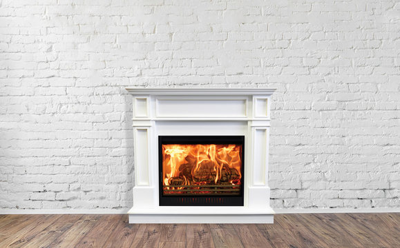 White Fireplace in bright empty living room interior of house