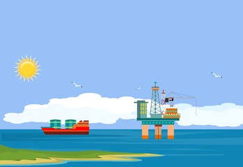Sea oil platform on sea, indsutry illustration flat vector