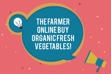 Text sign showing The Farmer Online Buy Organic Fresh Vegetables. Conceptual photo Purchase healthy food Blank Round Speech Bubble with Bulb Idea Icon Sticker Style and Megaphone