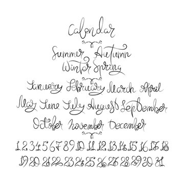 Calendar collection of months and numbers for all year, week, seasons. Ink modern brush calligraphy