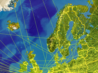 Northern Europe from space on Earth with country borders and lines representing international communication, travel, connections.