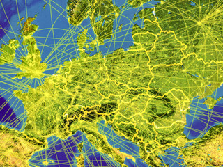 Central Europe from space on Earth with country borders and lines representing international communication, travel, connections.