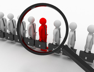 3d rendering of magnifying glass hover over red unique man.