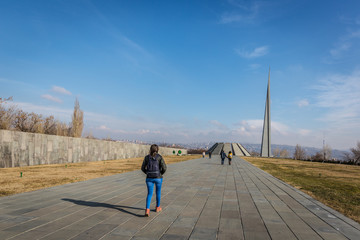 Yerevan, Armenia - Jan 9th 2018 - Tourist at the Armenian Genocide memorial complex is Armenia's...