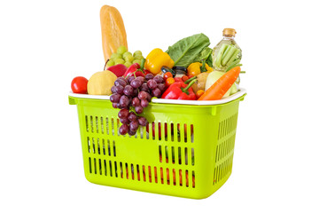 Fresh fruits and vegetables grocery product in green shopping basket isolated on white background