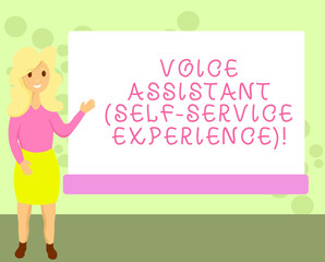 Conceptual hand writing showing Voice Assistant Self Service Experience. Business photo showcasing Artificial intelligence chat bot Female Hu analysis Presenting Rectangular Blank Whiteboard
