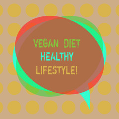 Writing note showing Vegan Diet Healthy Lifestyle. Business photo showcasing Healthy lifestyle eating vegetables and fruits Blank Speech Bubble photo and Stack of Transparent Circle Overlapping