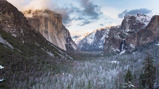 Yosemite Valley Panoramic Winter Sunset with Low Clouds on El Capitan and a Vibrant Firefall Red Sunburst at the end.