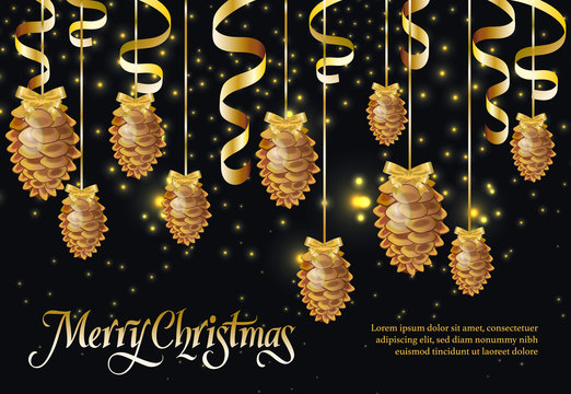 Merry Christmas black postcard with strobilas and confetti. Calligraphy with golden strobillas and confetti on background with sparkles and sample text. Can be used for posters, postcards, greetings