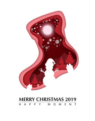 Merry Christmas and Happy New Year. Vector illustration of winter season ,paper art and digital craft style.