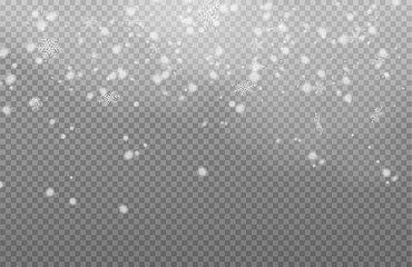 Snow with snowdrifts isolated on transparent background. White cold snow flakes falling.  Vector christmas snowfall, snowflakes flying in winter air. 