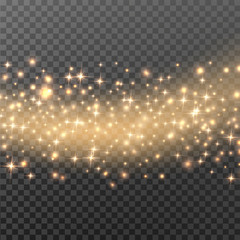 Sparks and golden stars glitter special light effect. Christmas Sparkling magic dust particles. Vector sparkles on transparent background. 