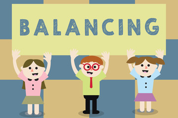 Conceptual hand writing showing Balancing. Business photo text put something in a steady position so that it does not fall School Kids with Arms Raising up are Singing Smiling Talking
