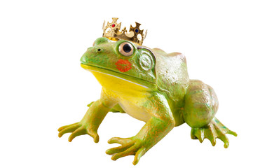 The tale of the Frog Prince and old fairytale concept with a toad wearing a king s golden crown and...