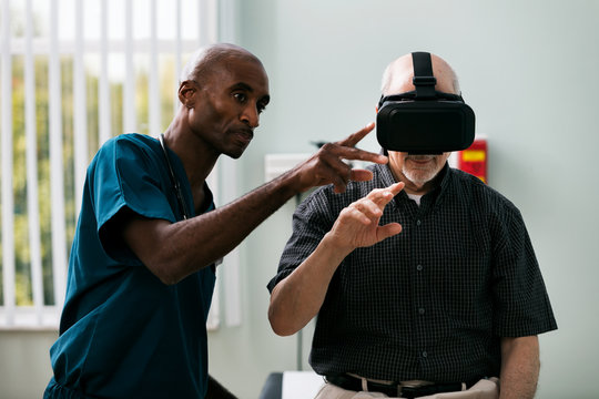 Exam: Senior Male Uses VR Headset To Look At Test Results