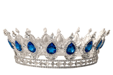 Beauty pageant winner, bride accessory in wedding and royal crown for a queen concept with a silver tiara covered in crystals, diamond and blue sapphire stones isolated on withe with clip path cutout - obrazy, fototapety, plakaty