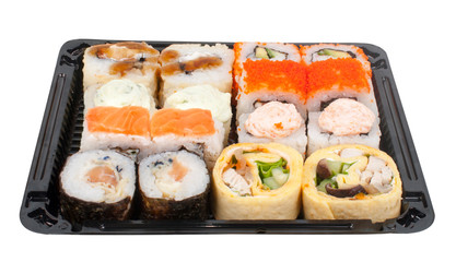 assorti sushi set in plastic box isolated on white background