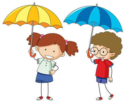 Doodle boy and girl with umbrella