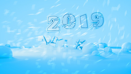Happy new year 2019 swap 2018 broken isolated numbers lettering written by white stone or paper on blue background full of snowdrifts. 3d illustration