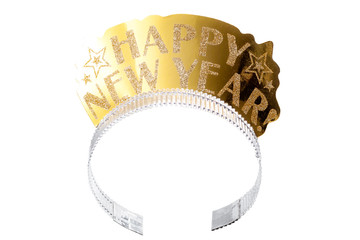 Happy new year and new years eve party accessories concept with a gold headpiece or tiara made of paper and covered in shiny glitter isolated on white background with a clip path cutout © Victor Moussa