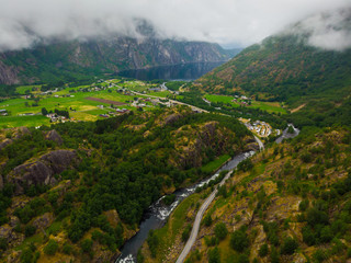 Road and river in green mountains, Norway