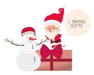 santa claus and snowman with gift box