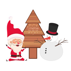 santa claus with christmas tree and snowman