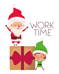 santa claus and elf with gift box