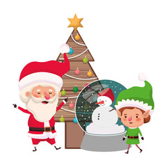santa claus and elf with christmas tree