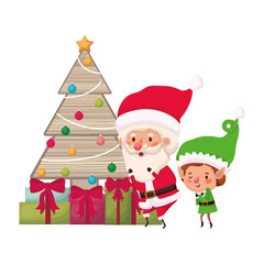 Obraz na płótnie Canvas santa claus and elf with christmas tree and gifts