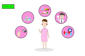 Explain the treatment of gestational diabetes white background. such as blood test ,drug, Healthy Food, Medical treatment and exercise. Concept flat style vector medical illustration._EPS10