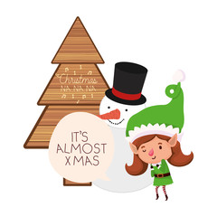 elf woman with christmas tree and snowman