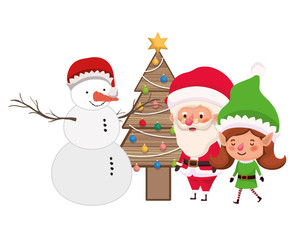 santa claus and elf woman with snowman