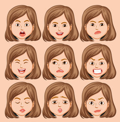 Set of girl head with different facial expression