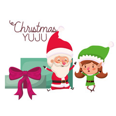 santa claus and elf woman with gifts boxs