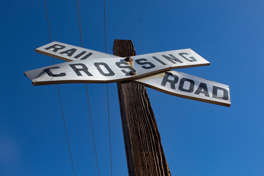 railroad crossing sign taken from low angle