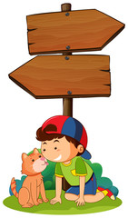 Boy and cat with signboard