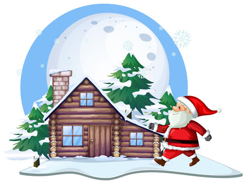 Santa in front of cabin house