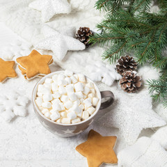A mug of drink with marshmallow air and homemade cookies on a Christmas background. View from above. New Year or winter concept. Square frame