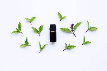Sweet basil essential oil in a glass bottle on white background.