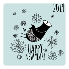 Christmas card with funny pig, symbol of 2019 year for your design