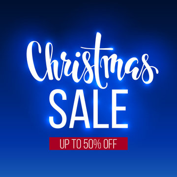 Christmas sale inscription on blue background. banner, poster, leaflat, logo, Winter holiday sale.