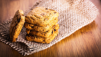 Oatmeal cookies with raspbarry and milk in a glass, healthy snac
