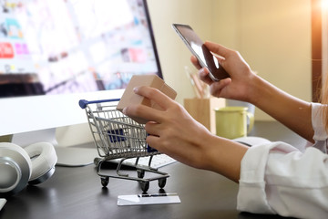 Cropped shot of shopping online with woman using device technology.
