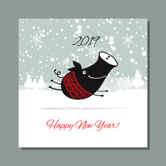 Christmas card, santa pig in forest. Symbol of 2019