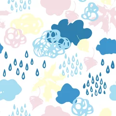 Deurstickers Cool watercolour rainy clouds, raindrops, falling leaves background. © Tanya Syrytsyna