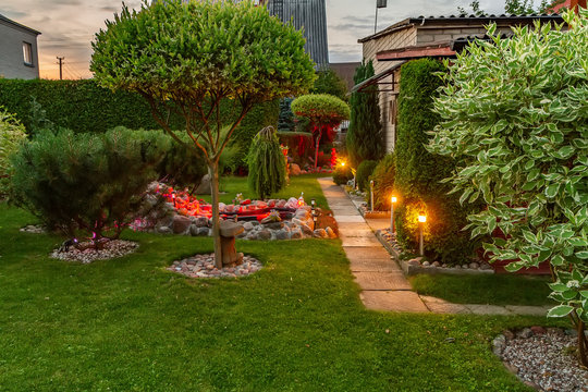 Garden illuminated by lamps in summer